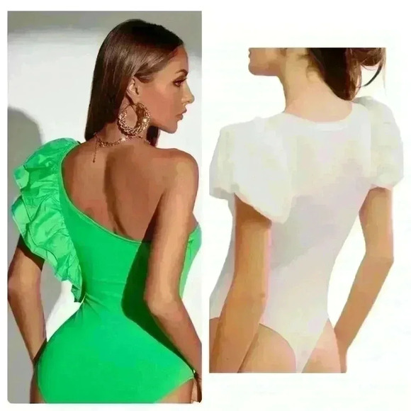 2 Zara bodysuits size small-Downtime puff sleeve bodysuit-One shoulder ruffled - Picture 1 of 10